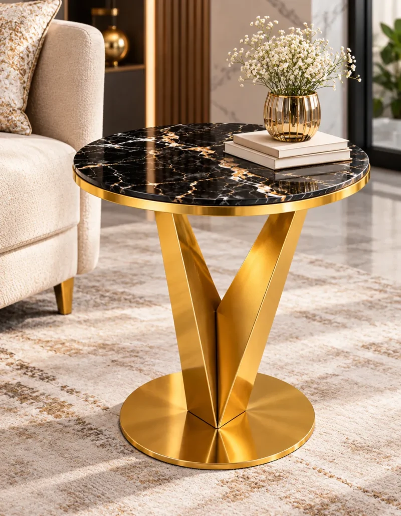 Veyra V black marble side table with sculptural gold base