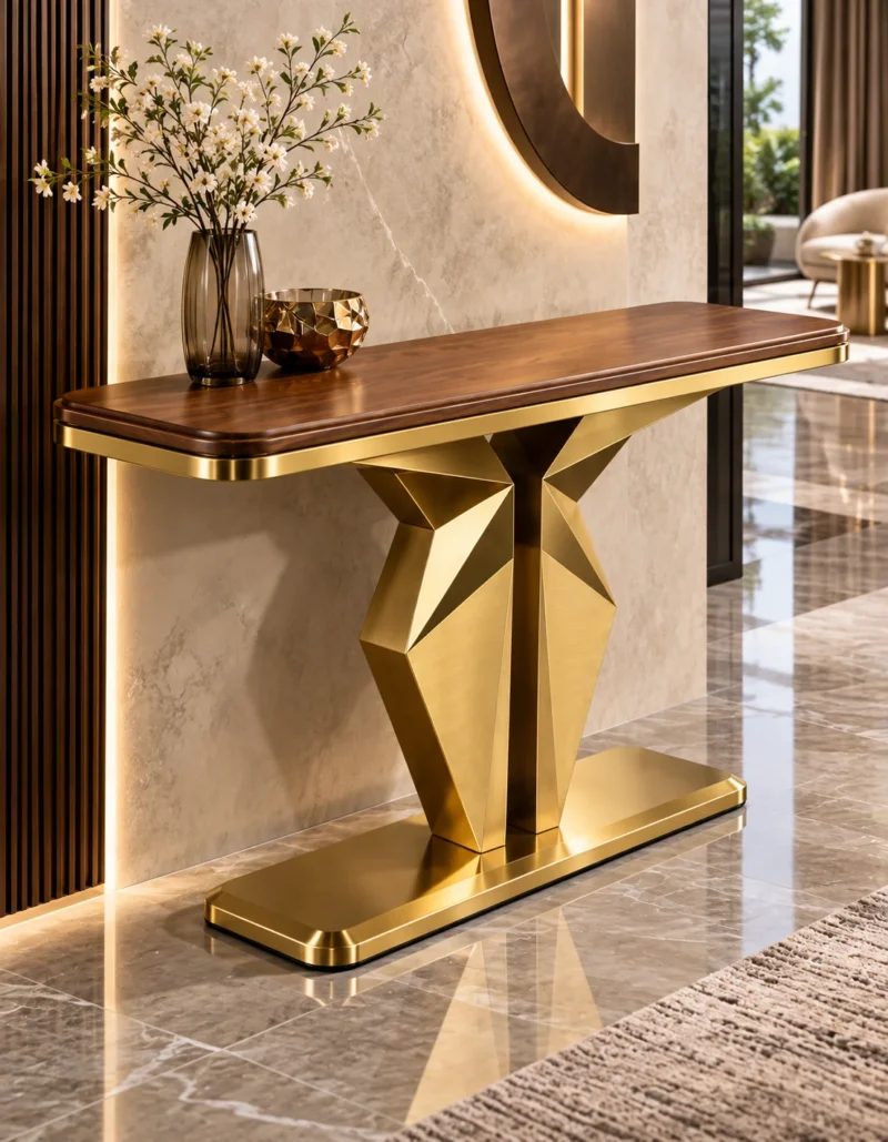 Veyron Geo geometric gold console table with faceted pedestal base and wood-look top