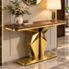 Veyron Geo geometric gold console table with faceted pedestal base and wood-look top
