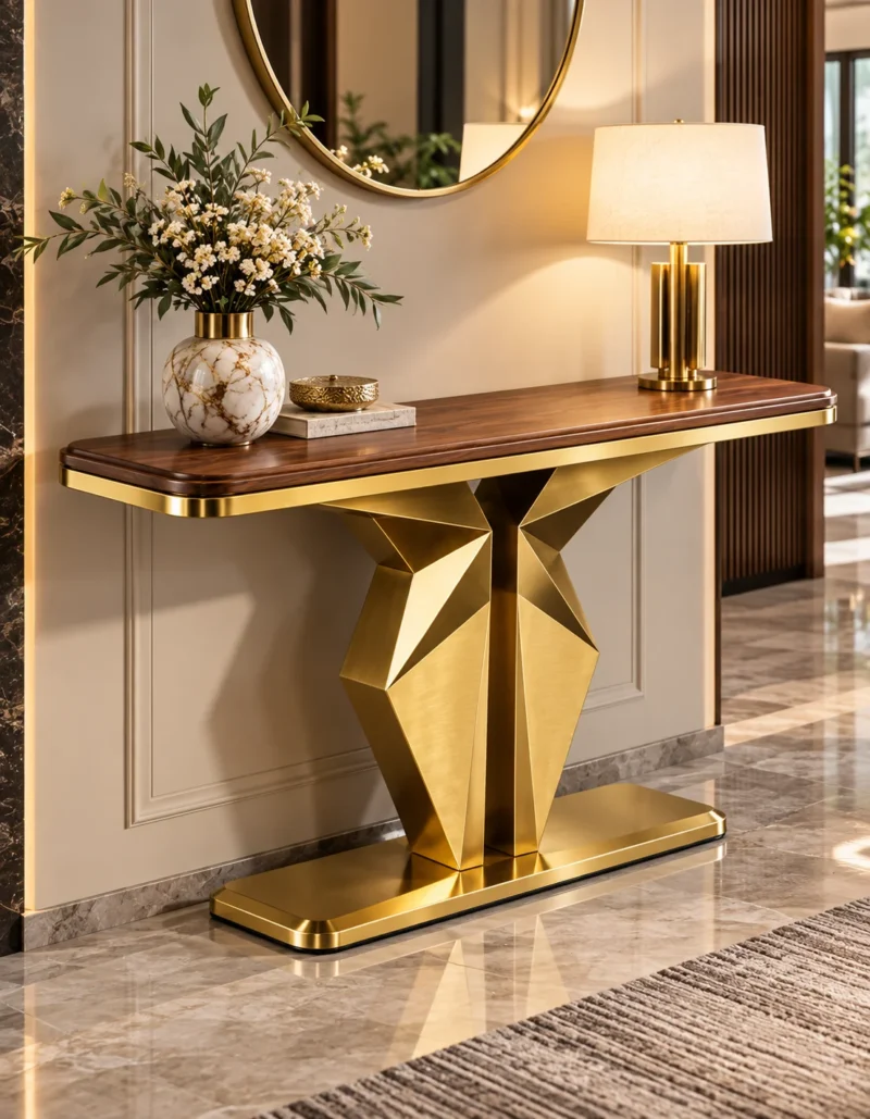 Veyron Geo geometric gold console table with faceted pedestal base and wood-look top