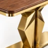 Veyron Geo geometric gold console table with faceted pedestal base and wood-look top