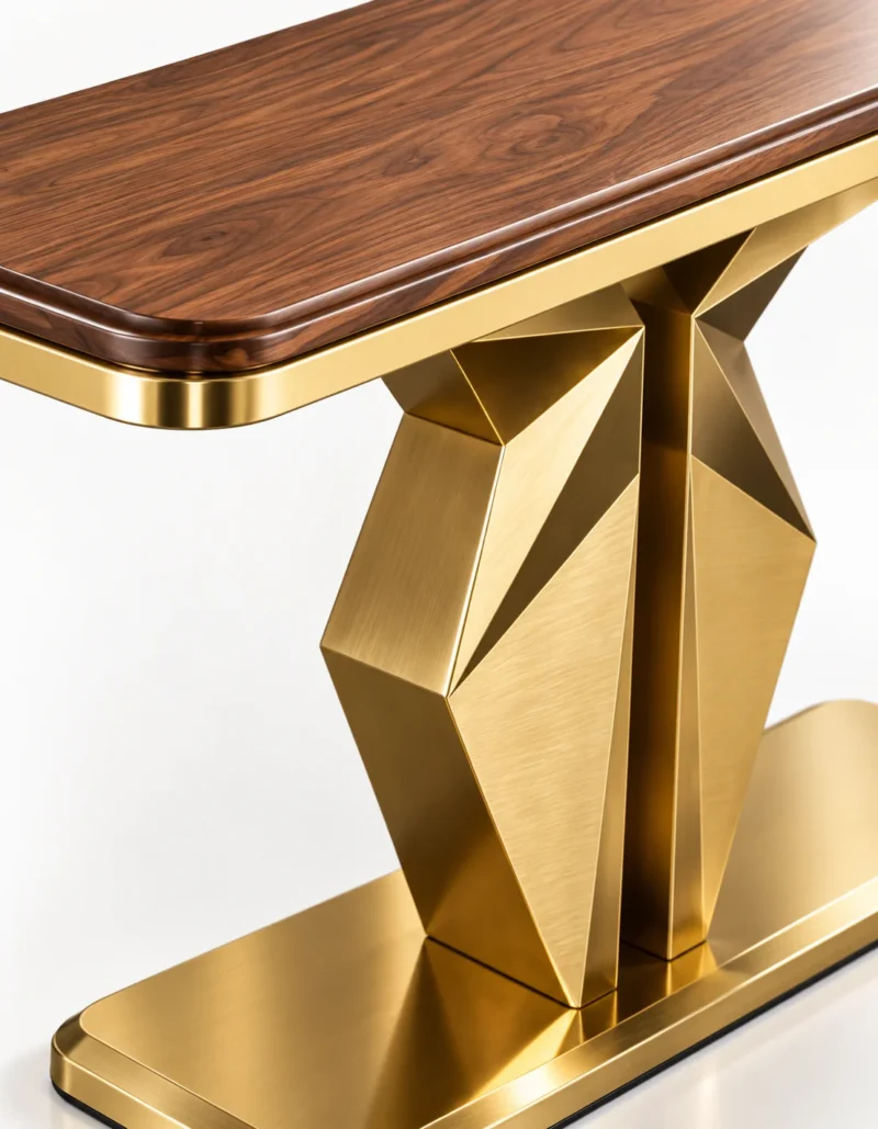 Veyron Geo geometric gold console table with faceted pedestal base and wood-look top