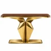 Veyron Geo geometric gold console table with faceted pedestal base and wood-look top