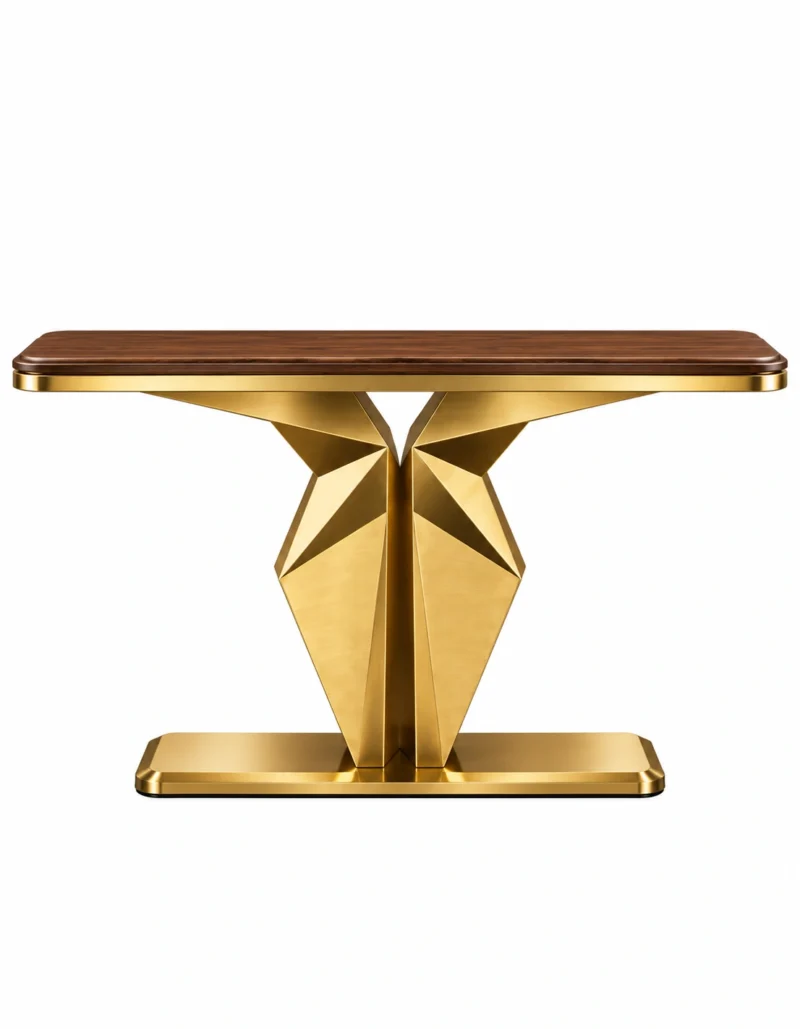 Veyron Geo geometric gold console table with faceted pedestal base and wood-look top
