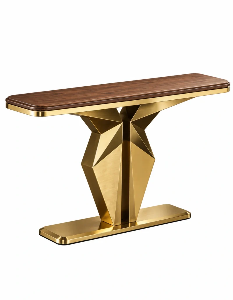 Veyron Geo geometric gold console table with faceted pedestal base and wood-look top