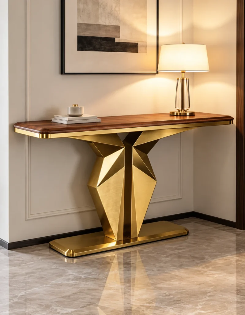 Veyron Geo geometric gold console table with faceted pedestal base and wood-look top