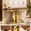 Veyron Geo geometric gold console table with faceted pedestal base and wood-look top