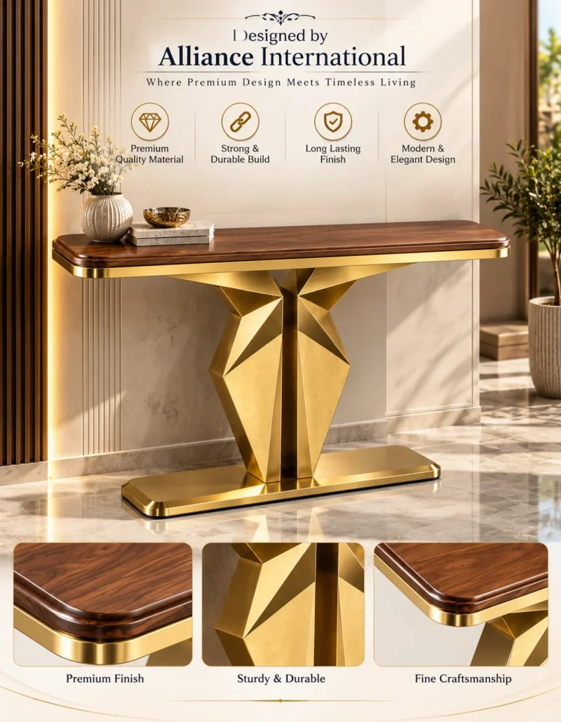 Veyron Geo geometric gold console table with faceted pedestal base and wood-look top