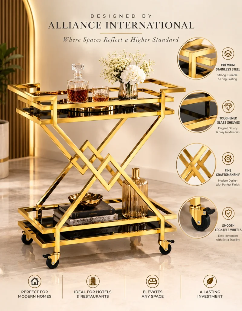 Xavia Luxe diamond frame serving trolley with gold structure and black serving surfaces