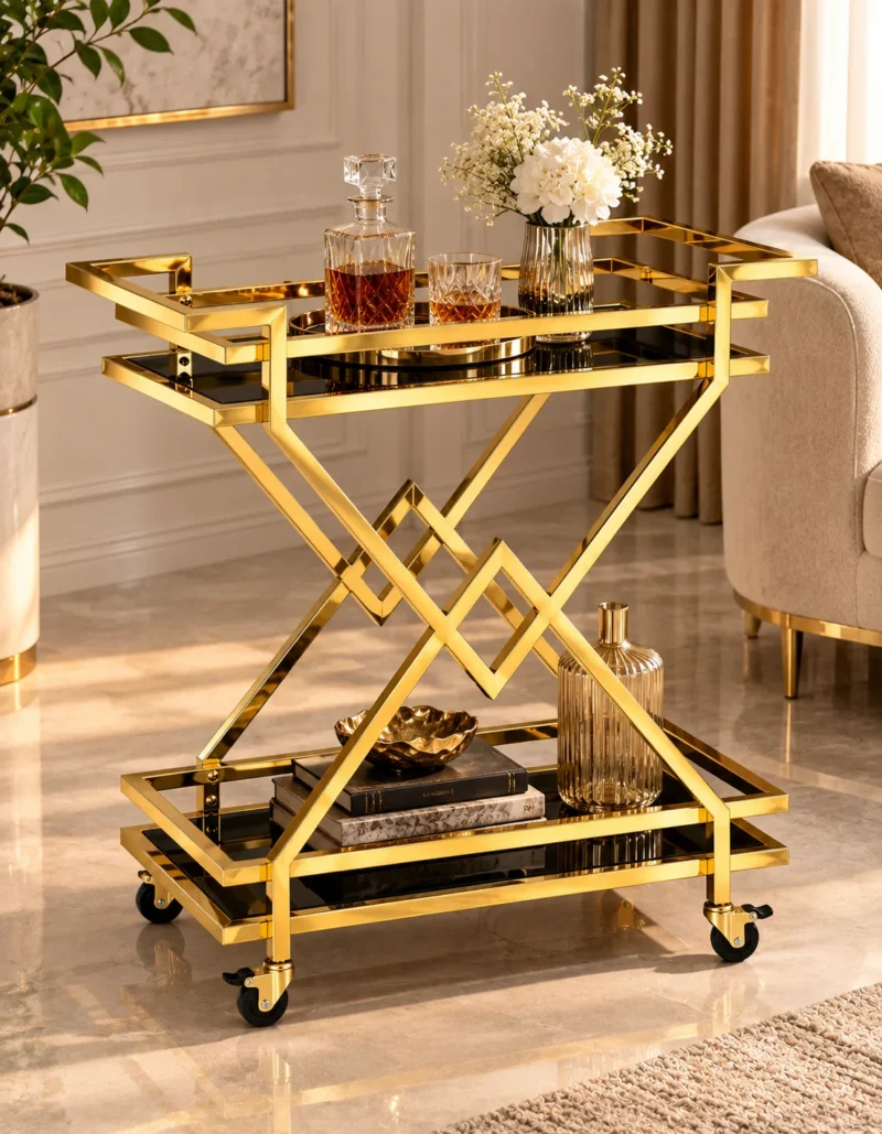 Xavia Luxe diamond frame serving trolley with gold structure and black serving surfaces