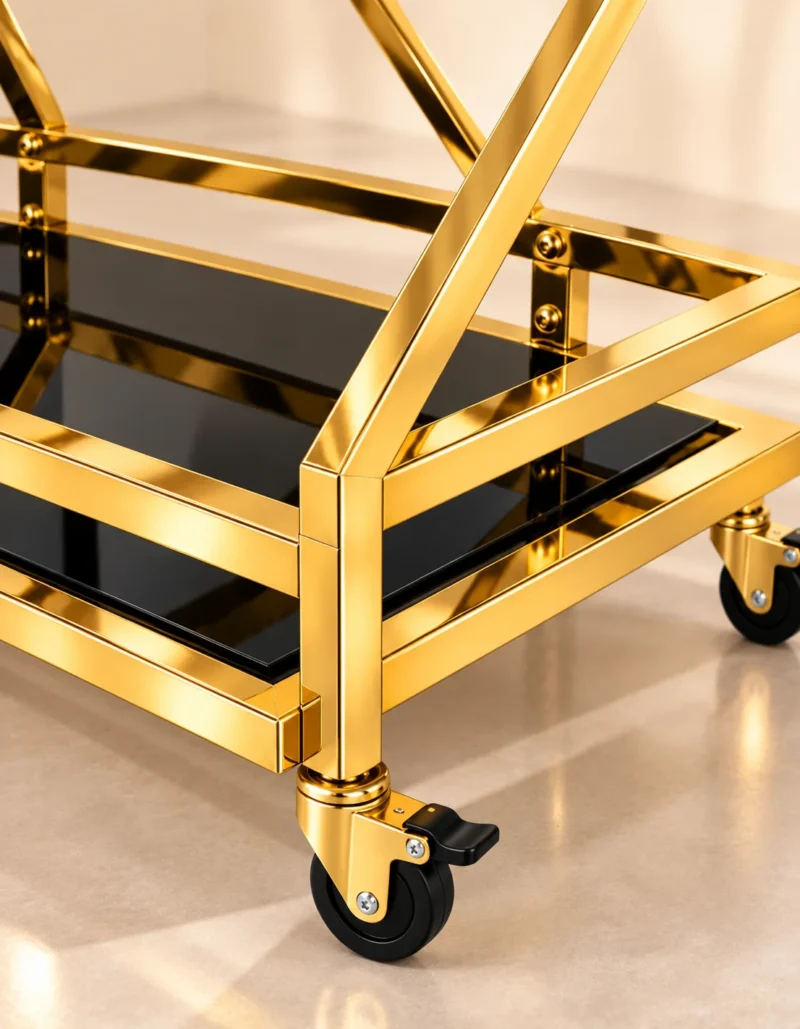 Xavia Luxe diamond frame serving trolley with gold structure and black serving surfaces