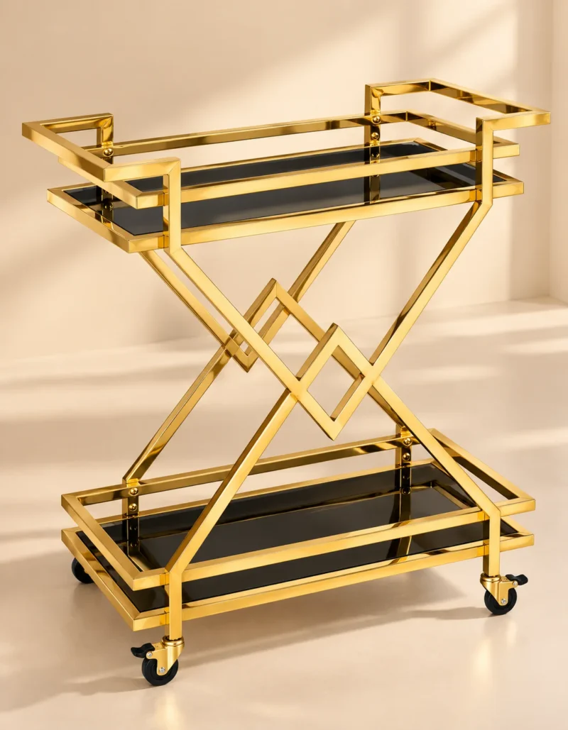 Xavia Luxe diamond frame serving trolley with gold structure and black serving surfaces