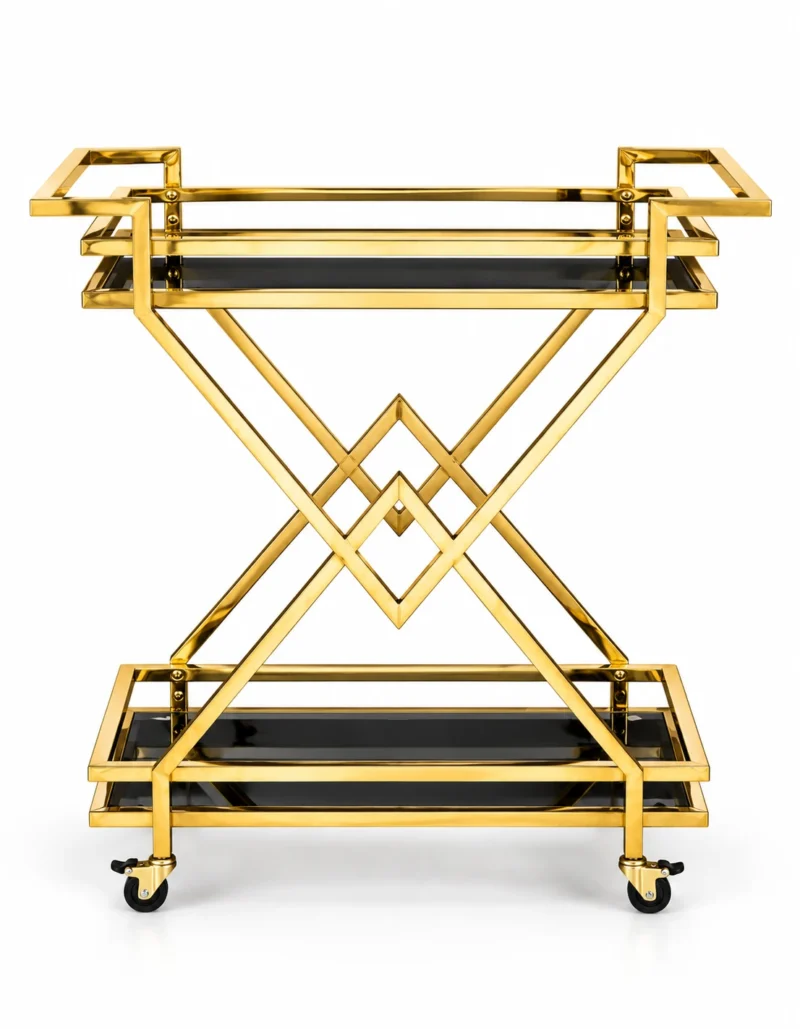Xavia Luxe diamond frame serving trolley with gold structure and black serving surfaces