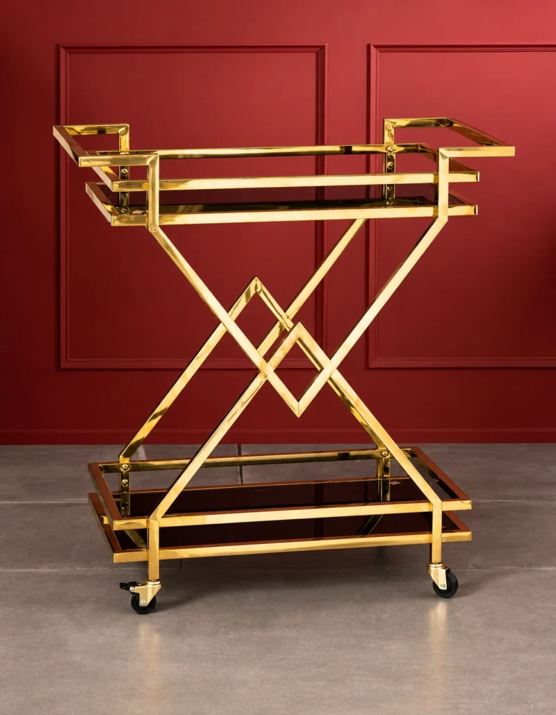 Xavia Luxe diamond frame serving trolley with gold structure and black serving surfaces