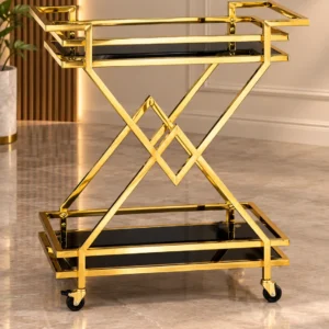 Xavia Luxe diamond frame serving trolley with gold structure and black serving surfaces