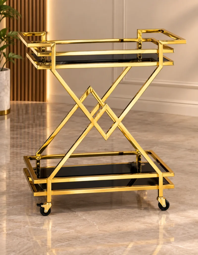 Xavia Luxe diamond frame serving trolley with gold structure and black serving surfaces