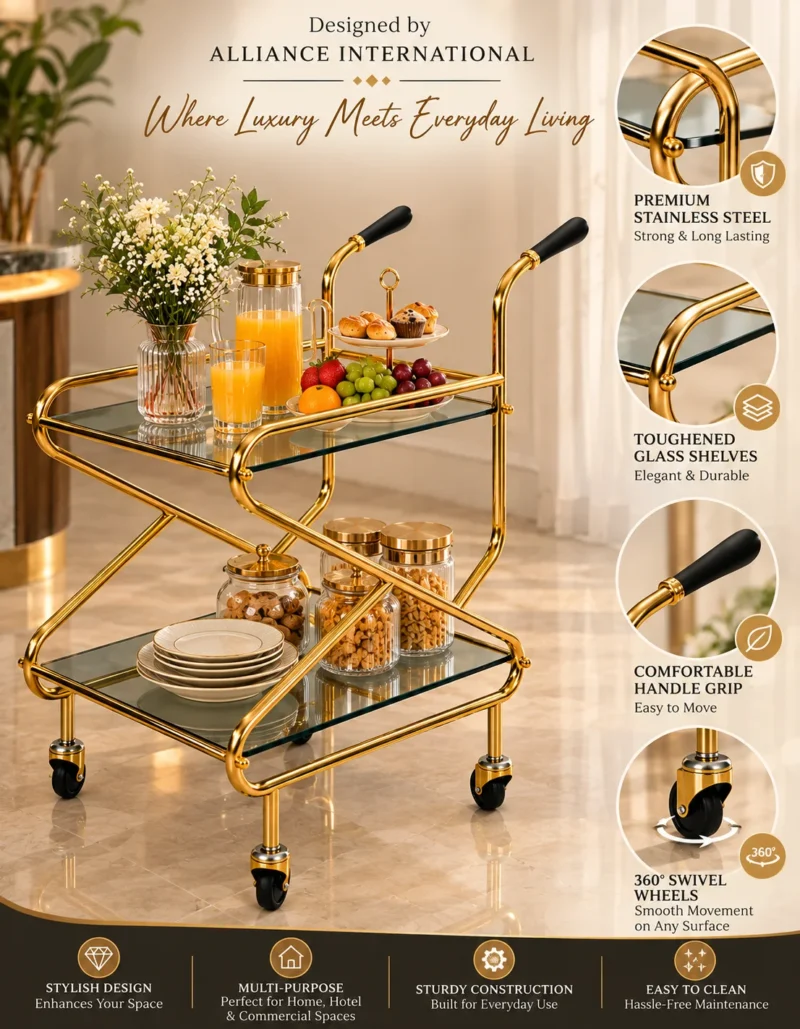 Zevora Luxe cross frame glass serving trolley with gold frame