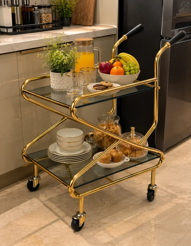 Zevora Luxe cross frame glass serving trolley with gold frame