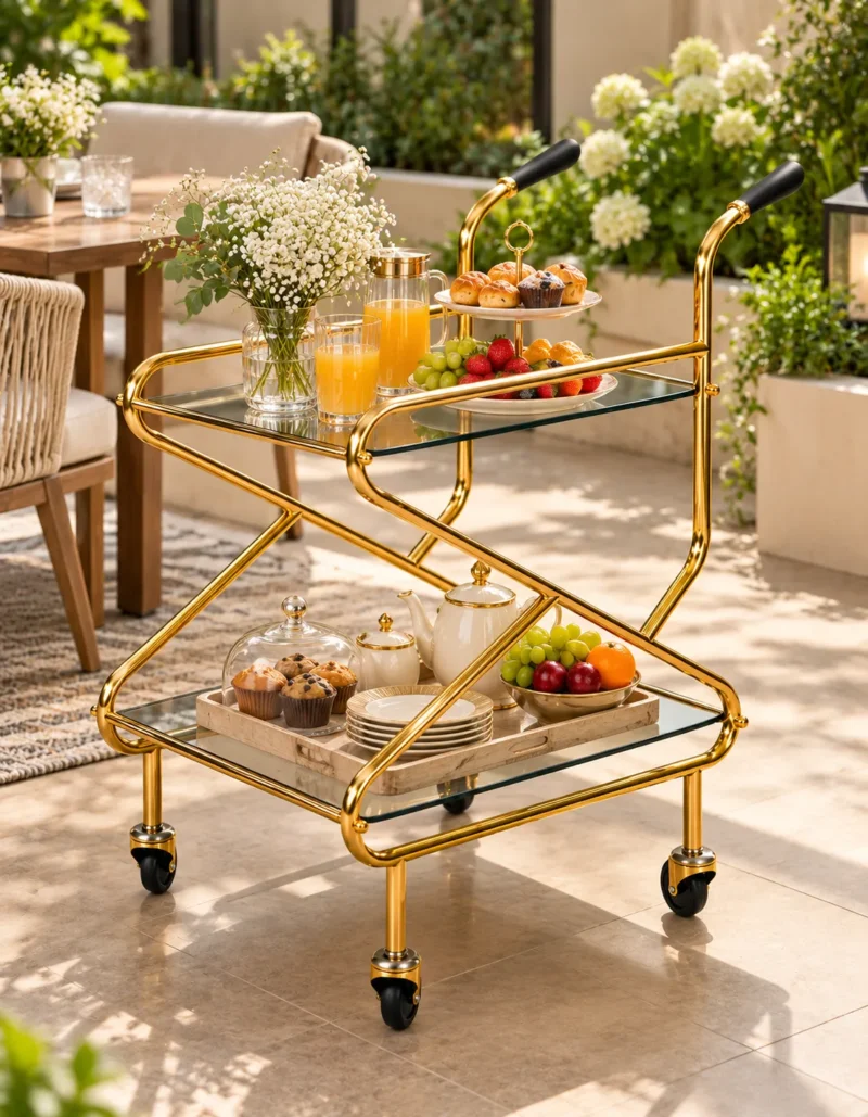 Zevora Luxe cross frame glass serving trolley with gold frame
