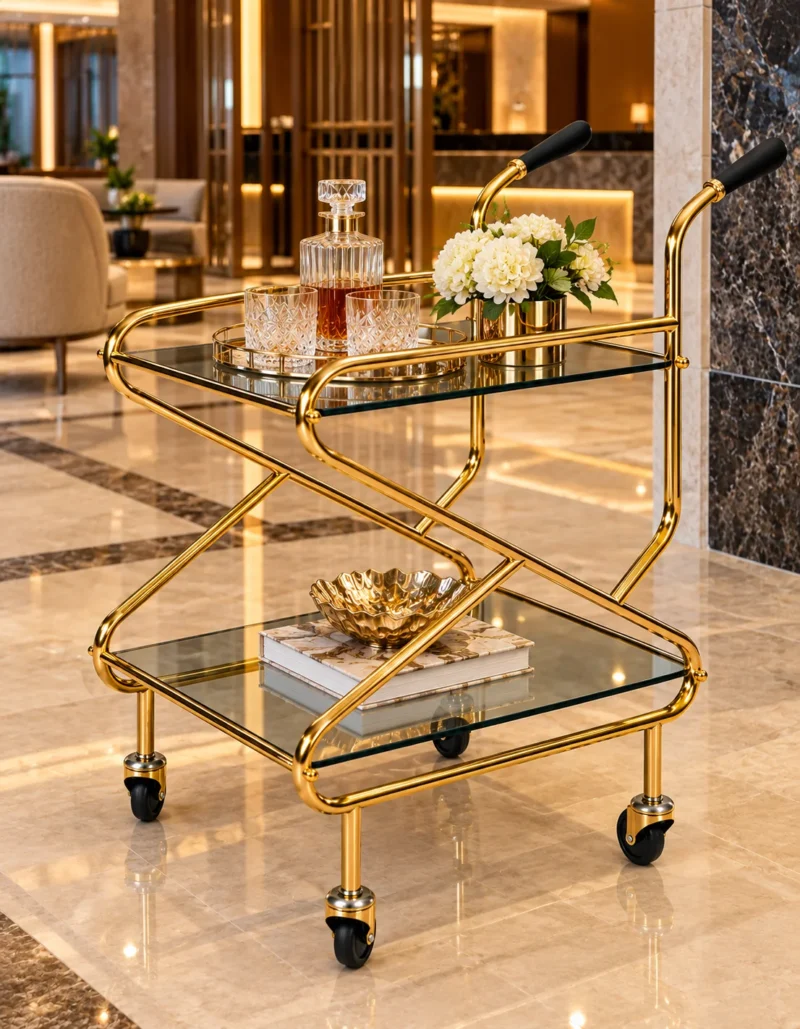 Zevora Luxe cross frame glass serving trolley with gold frame