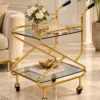 Zevora Luxe cross frame glass serving trolley with gold frame
