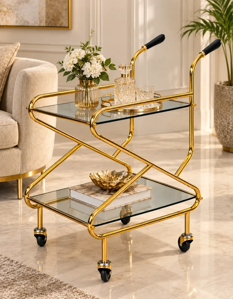 Zevora Luxe cross frame glass serving trolley with gold frame