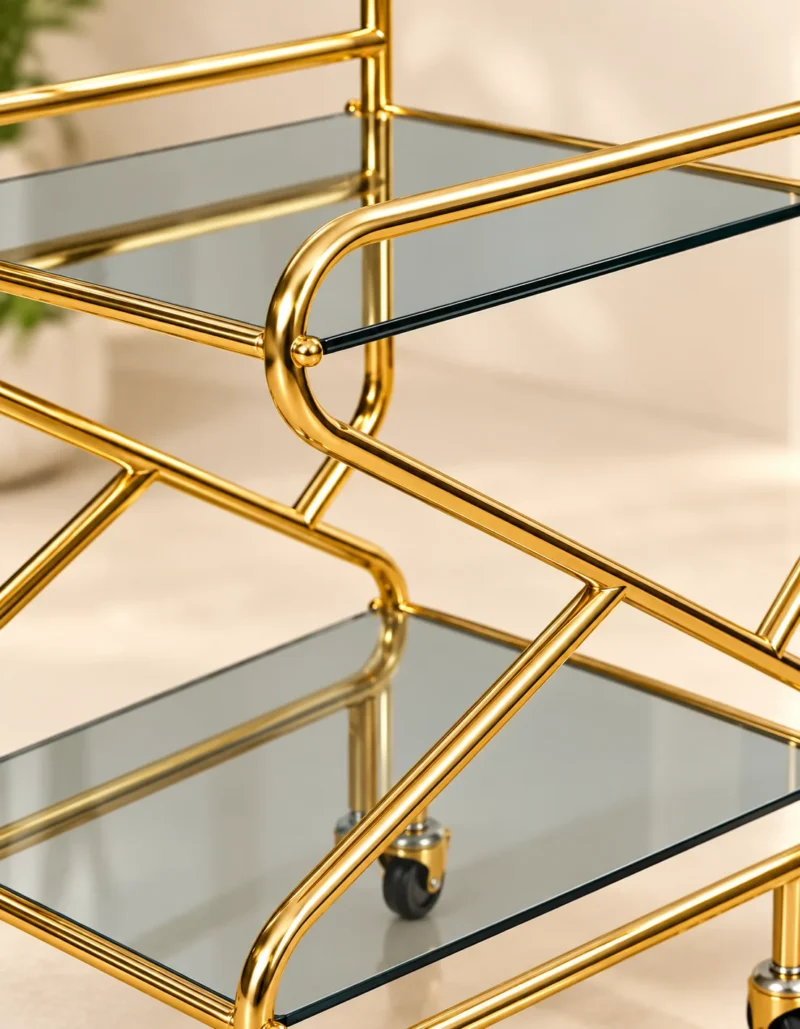 Zevora Luxe cross frame glass serving trolley with gold frame