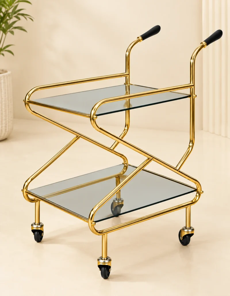 Zevora Luxe cross frame glass serving trolley with gold frame