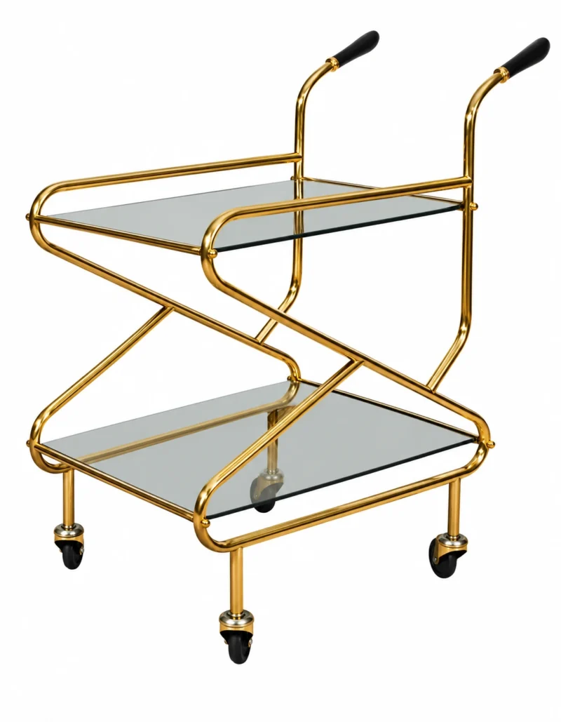 Zevora Luxe cross frame glass serving trolley with gold frame