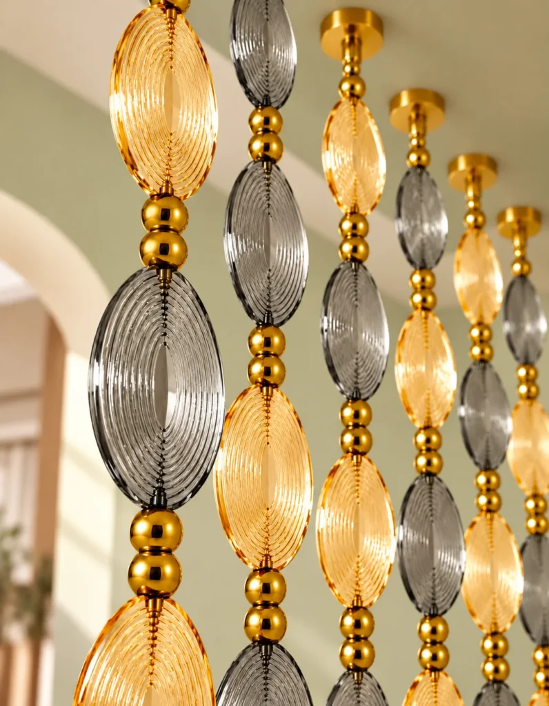 Aurelia Luxe suspended crystal glass room divider with amber and smoky glass elements
