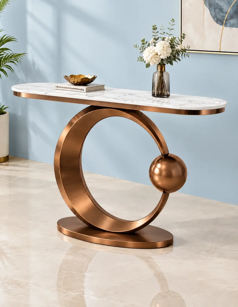 Designer marble top console table with antique copper circular frame displayed against a light blue wall.