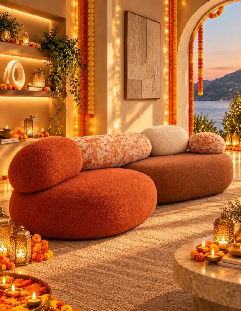 Diwali-decorated Mediterranean living room with warm lights, marigold garlands and rust-orange sofa