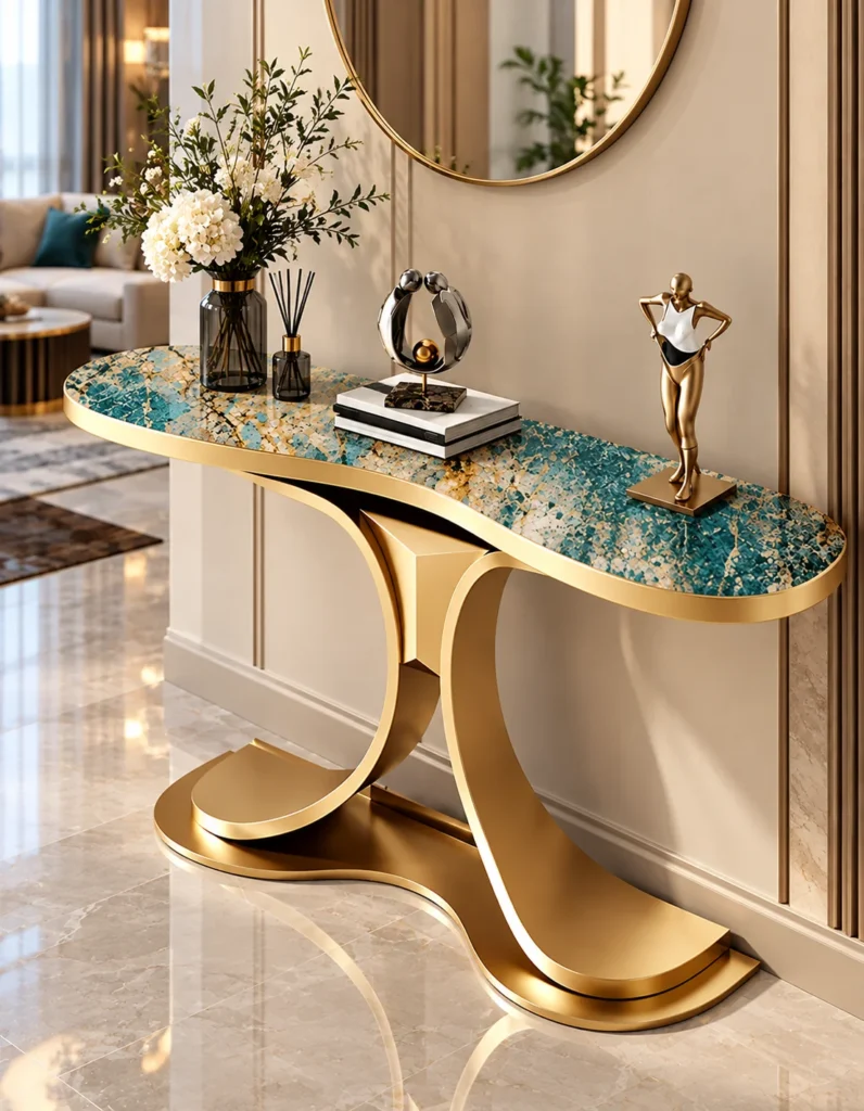 Luxury console table with teal patterned top and gold base in an elegant foyer