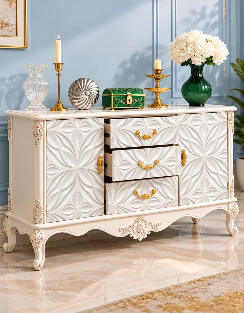 Ivoria carved console table with storage drawers, side cabinets and white decorative panels