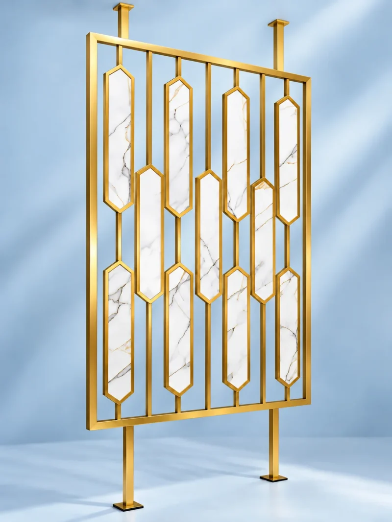 Hexara geometric PVD room partition with gold stainless steel frame and marble-look inserts
