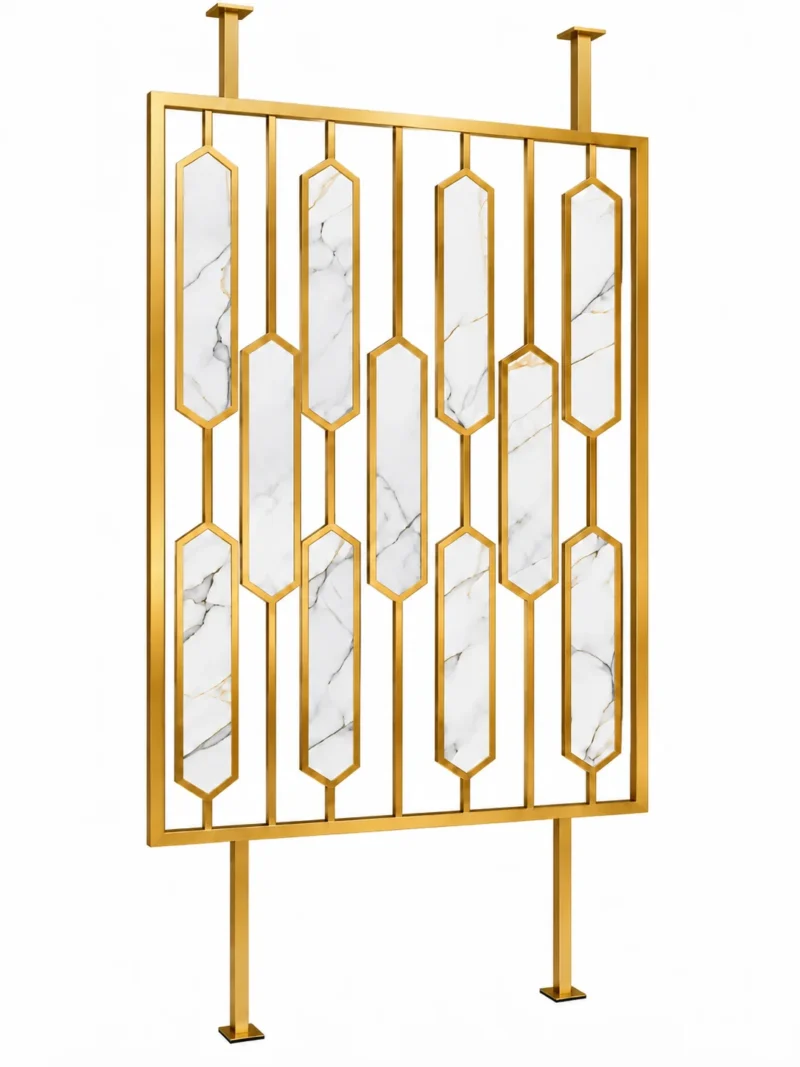 Hexara geometric PVD room partition with gold stainless steel frame and marble-look inserts