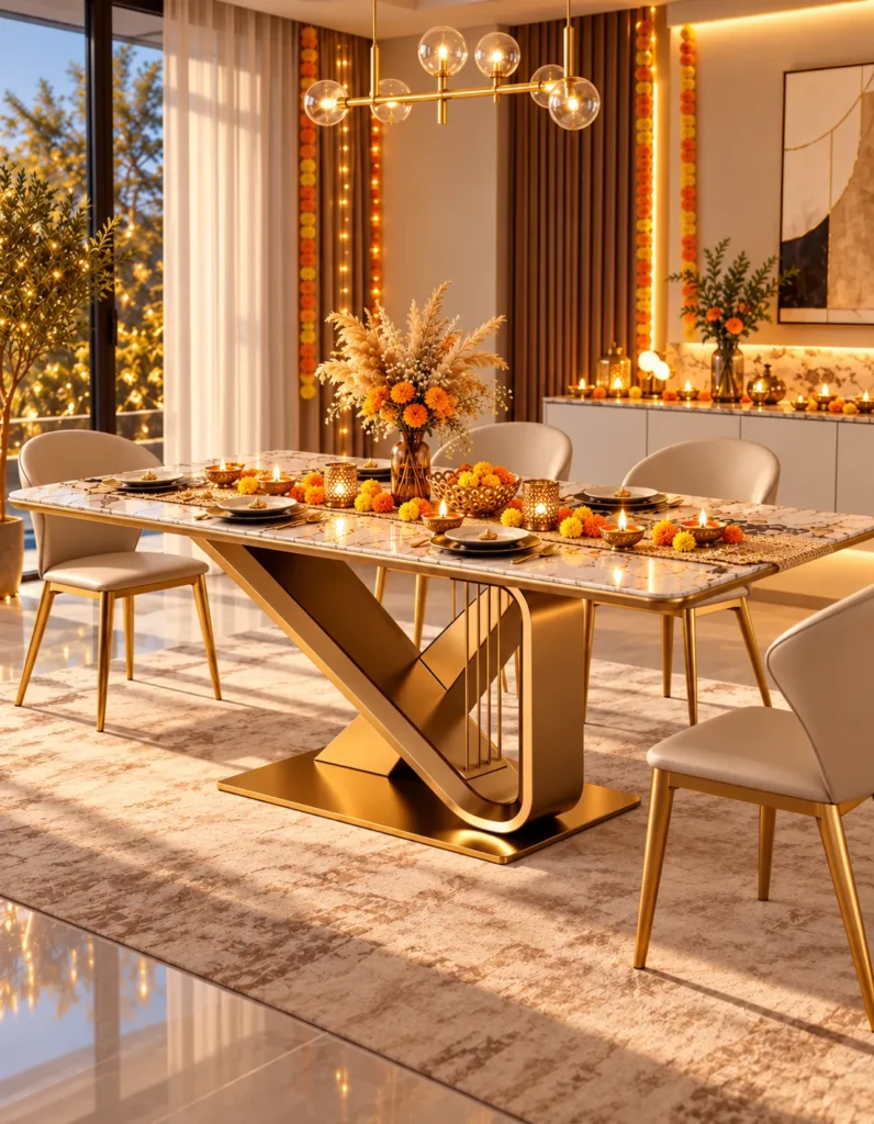 Marble dining table with gold base styled with diyas, marigolds and festive table decor