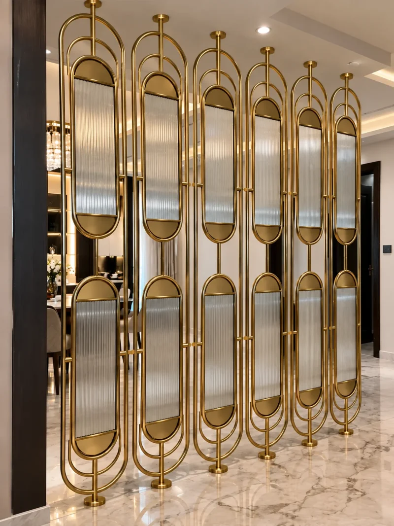 Arcelle Deco fluted glass partition used as decorative foyer divider