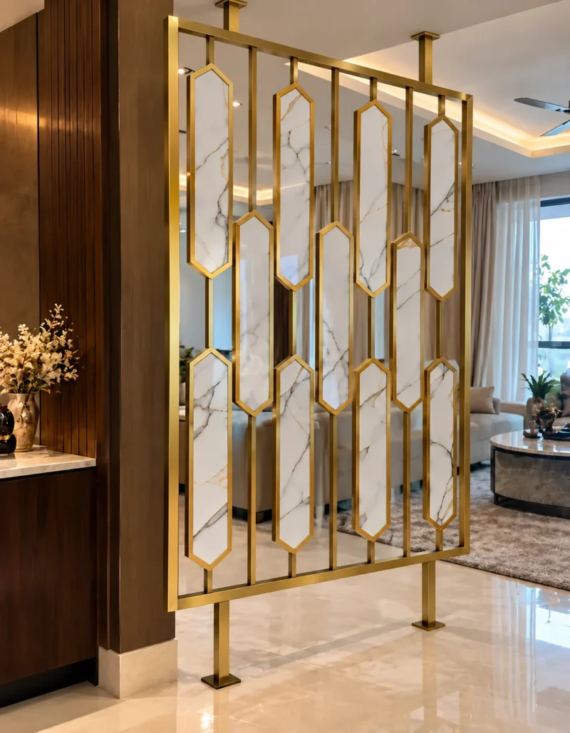 Hexara gold PVD room partition installed between modern living spaces