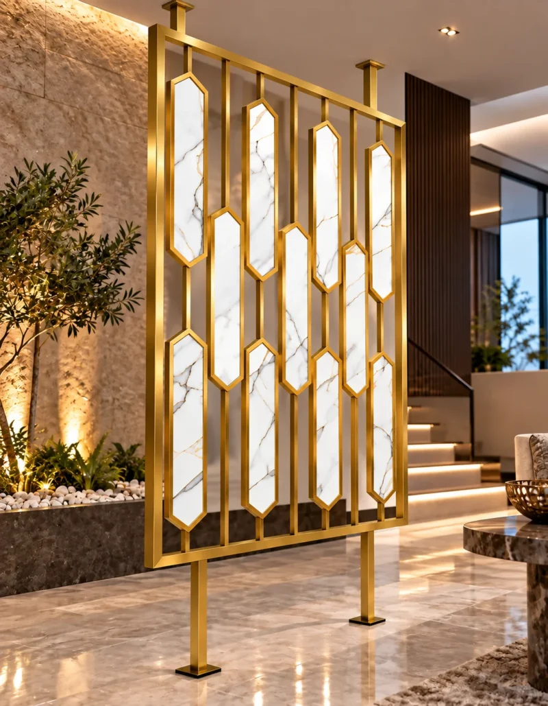 Hexara luxury room partition with geometric gold PVD design in modern interior