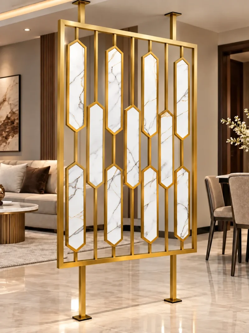 Hexara luxury room partition with geometric gold PVD design in modern interior