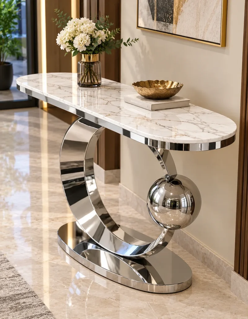 Designer marble top console table with chrom circular frame displayed against a light blue wall.