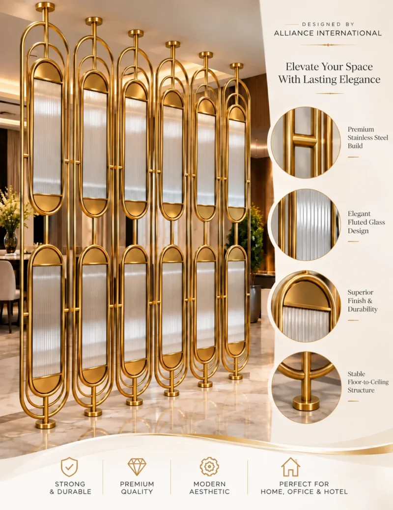 Arcelle Deco fluted glass partition showing stainless steel frame glass and floor-to-ceiling design