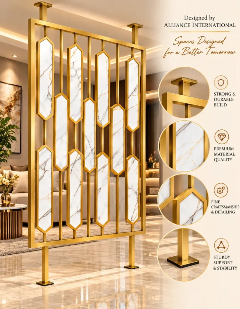 Hexara geometric PVD partition showing frame inserts detailing and floor supports