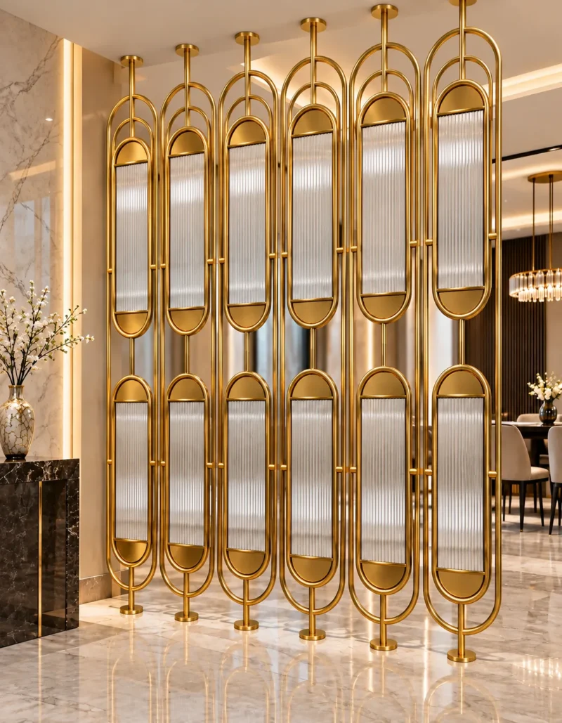 Arcelle Deco fluted glass partition between living and dining areas