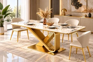 Modern luxury dining table design with marble top and stainless steel base