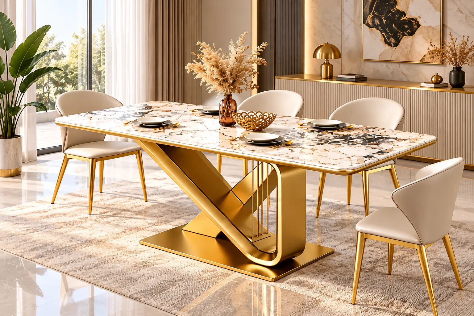 Modern luxury dining table design with marble top and stainless steel base