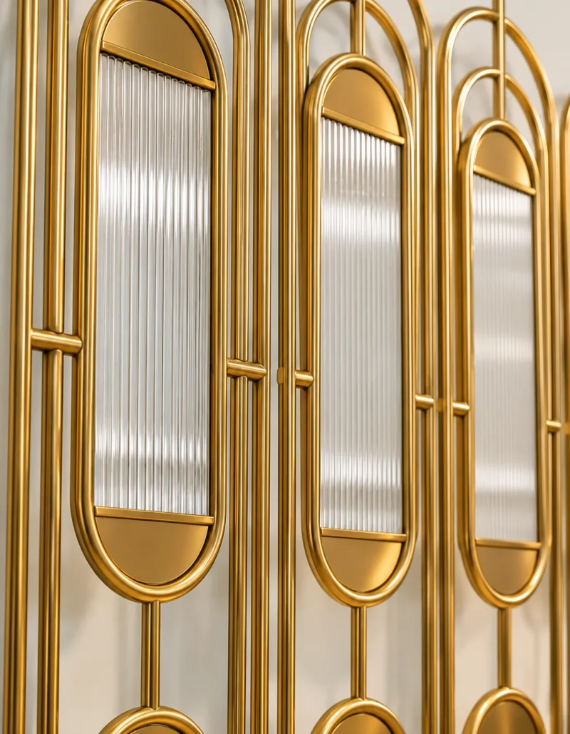 Close view of Arcelle Deco gold stainless steel frame and vertical fluted glass