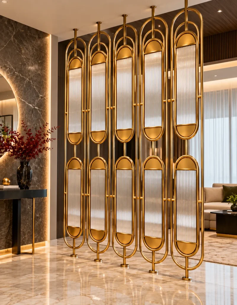 Arcelle Deco gold arched fluted glass room divider in modern interior