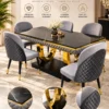 Arcora U shaped black marble dining table with six grey chairs
